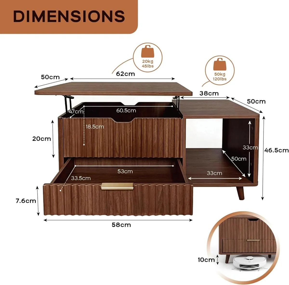 Lift Top Coffee Table Fluted Design Lifting Tea - Image 2