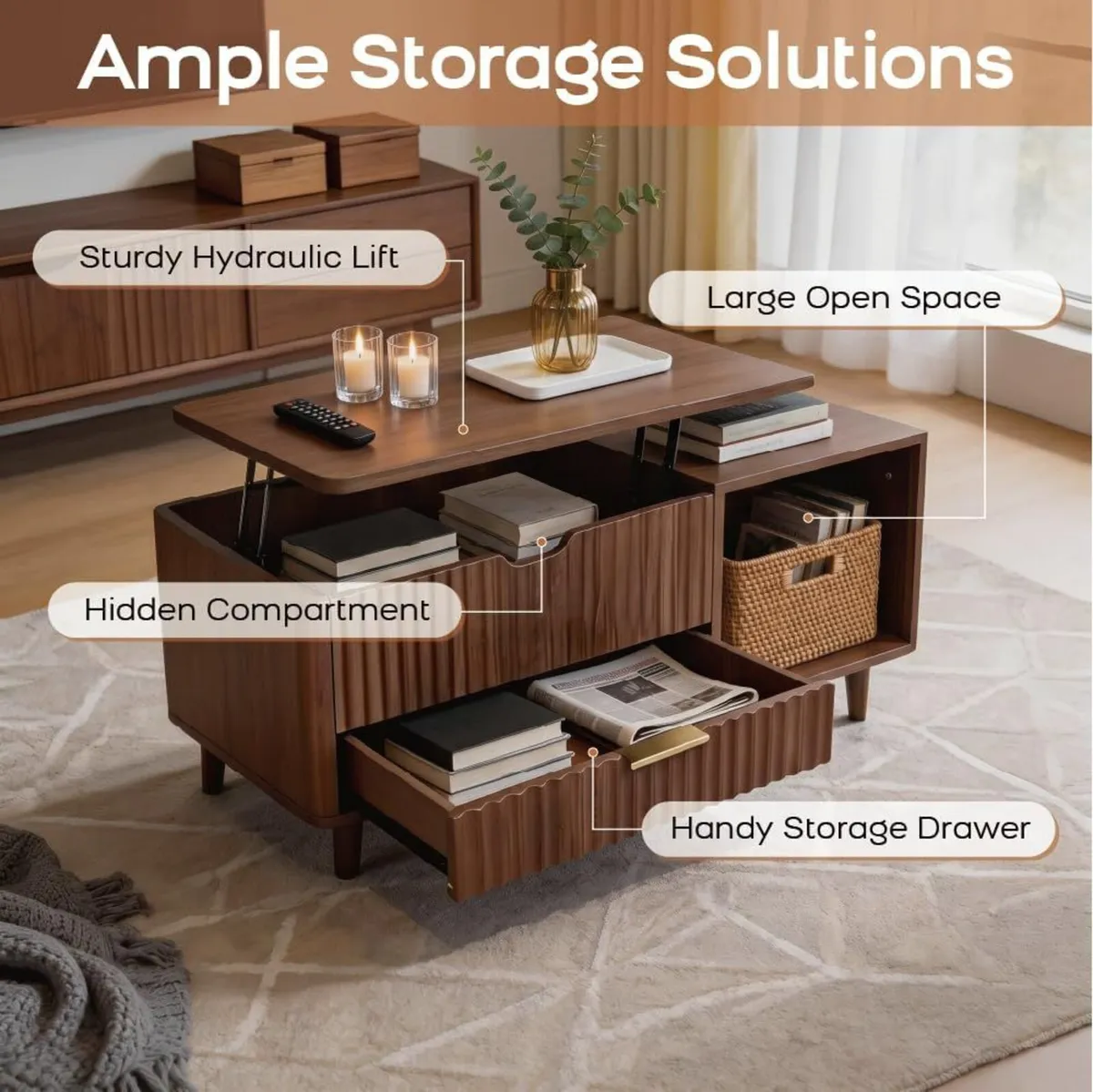 Lift Top Coffee Table Fluted Design Lifting Tea - Image 4
