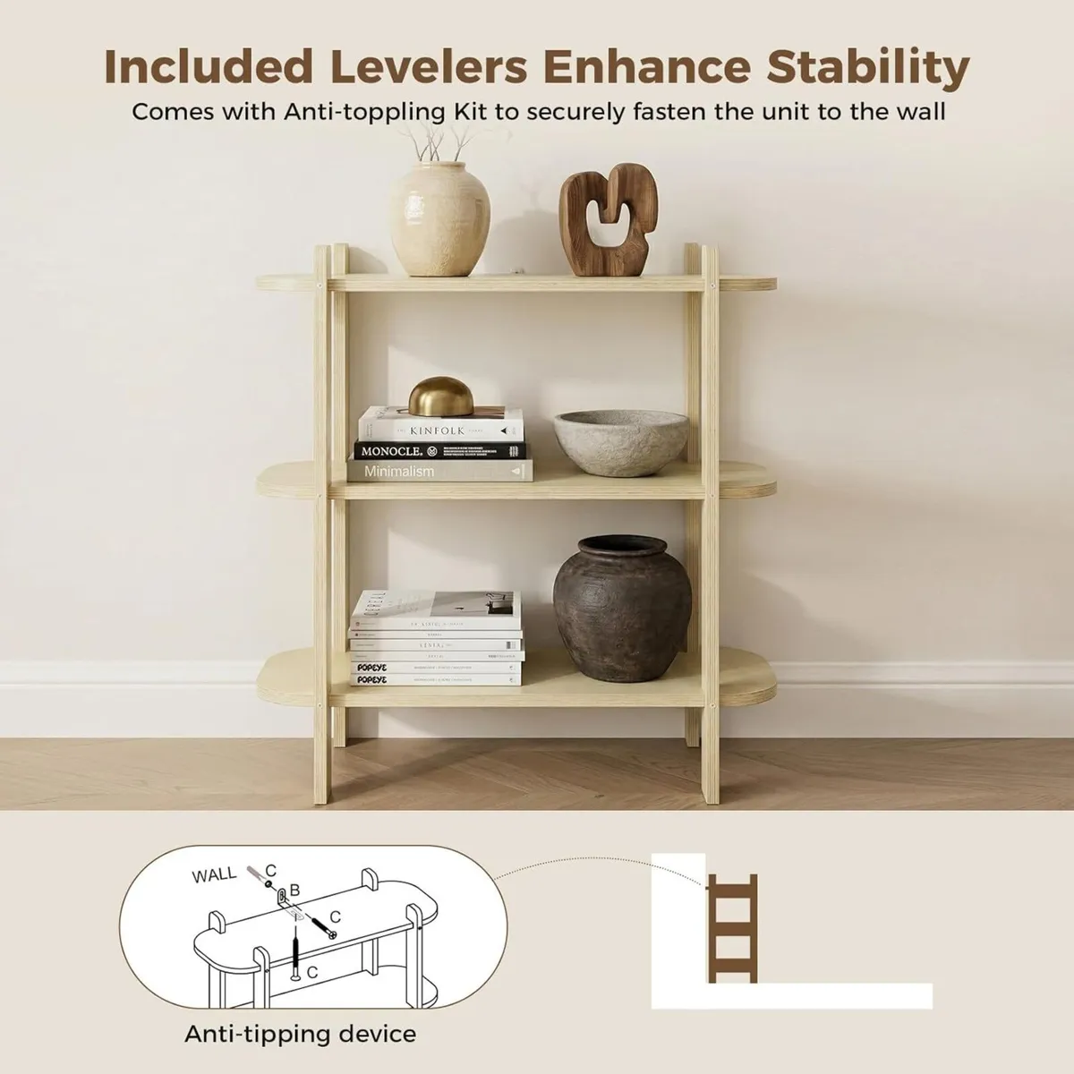 Bookshelf Wood Shelf Bookcase Book 3-Tier Natural - Image 3