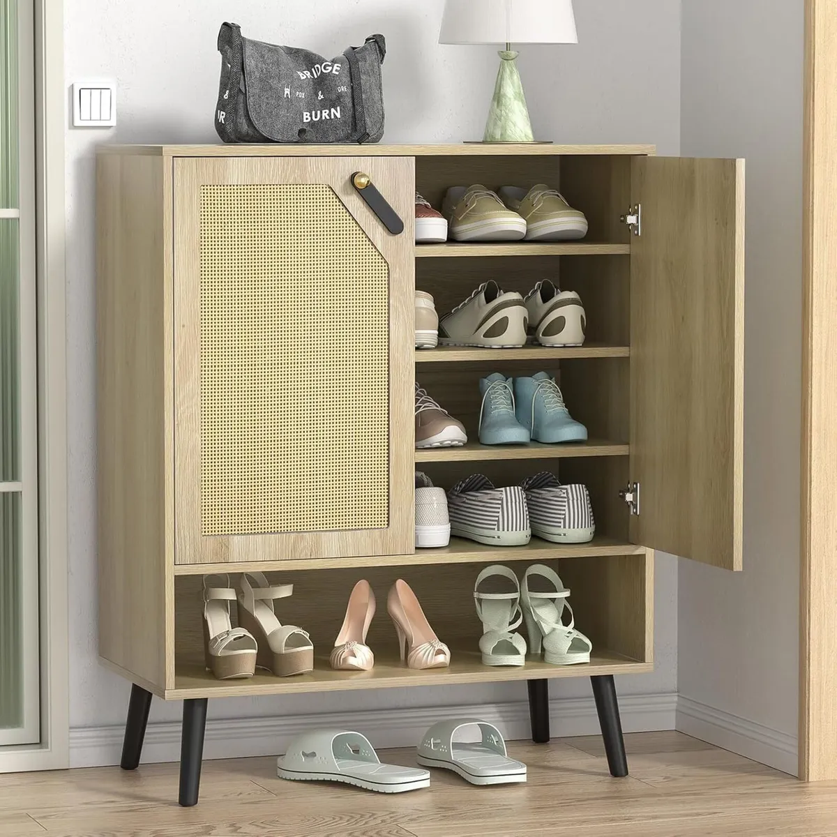 Rattan Shoe Storage Unit 4 Tier Wooden Rack - Image 1