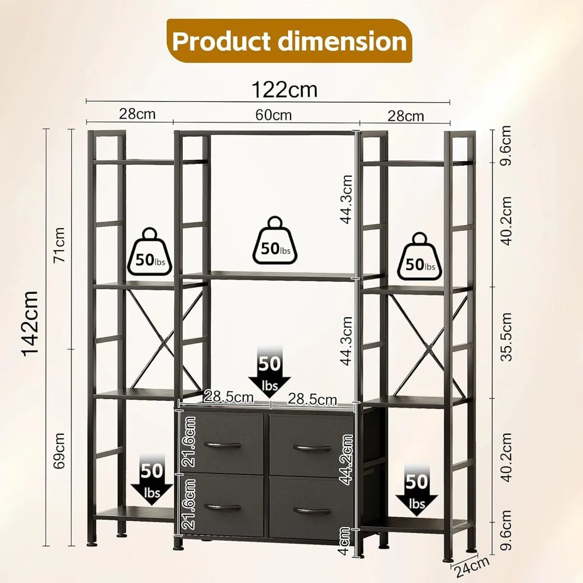 120W X142h Cm Triple Book Shelf 4 Tier - Image 3