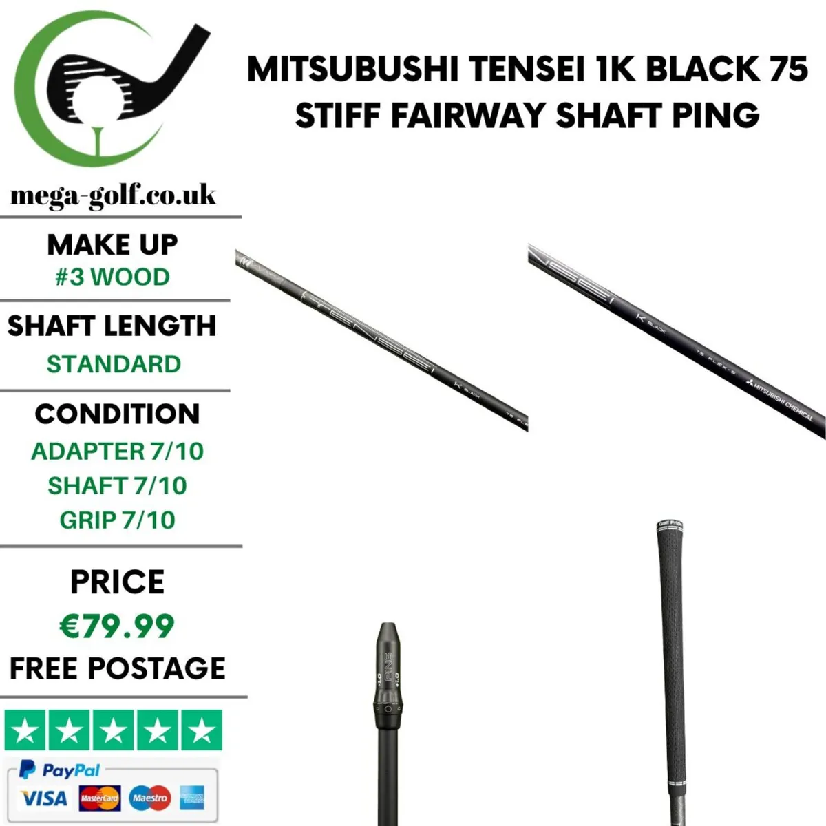 Mitsubushi Tensei 1K Black 75 Stiff #3 Wood Shaft - Image 1