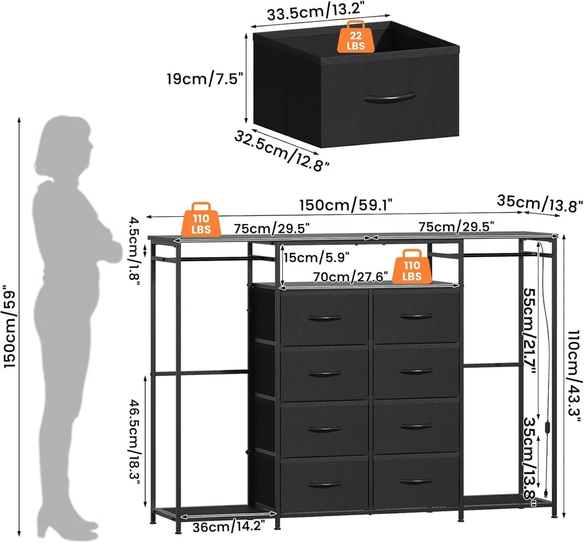 8-Drawer Dresser for Bedroom with Hanging Rack LED - Image 2