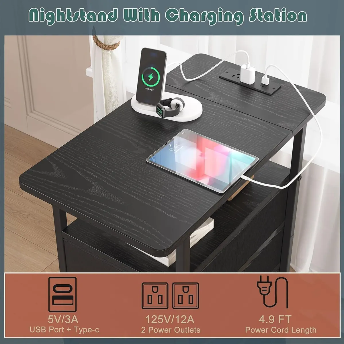 End Table with Charging Station Narrow Side Tables - Image 4