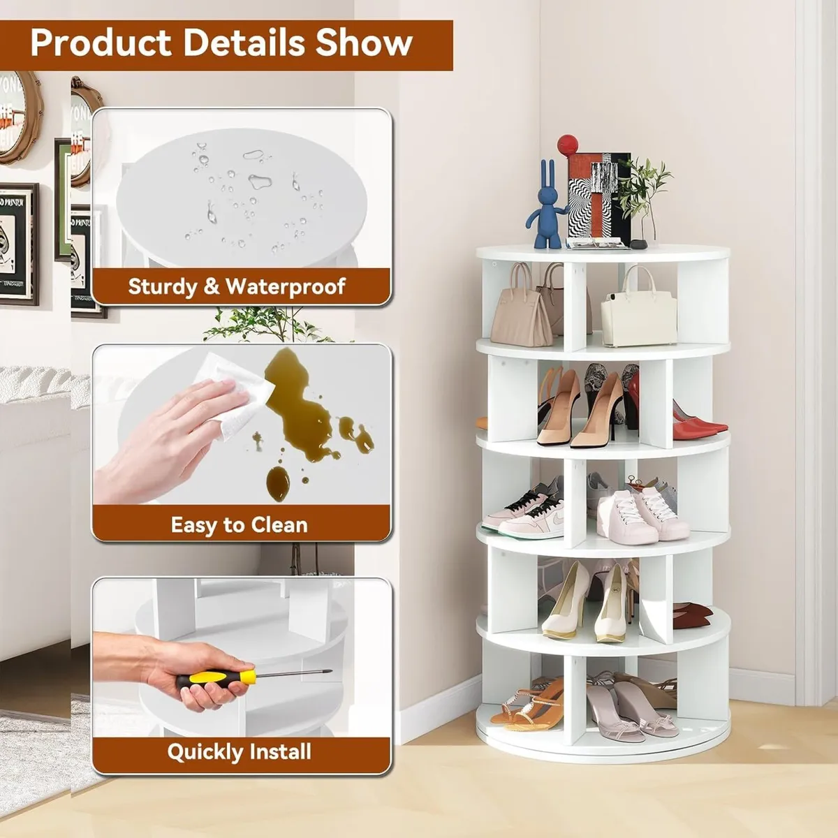 5 Tier Rotating Shoe Rack Wood 360degreesspinning - Image 4