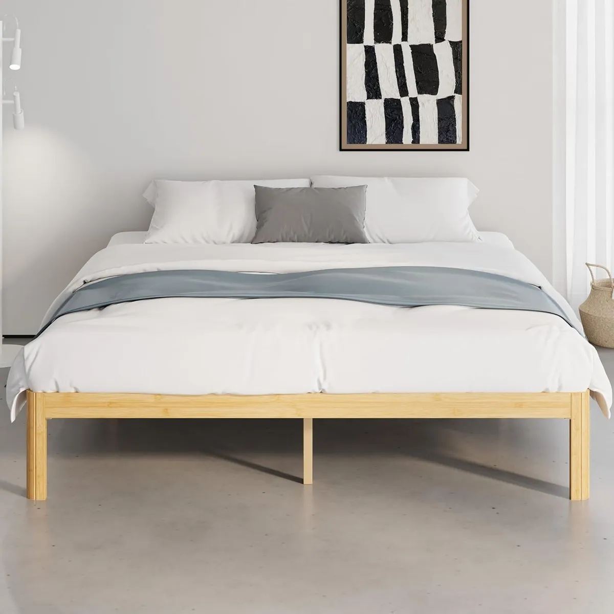 Bamboo Wood Bed Frame with Metal Slats Support - Image 1