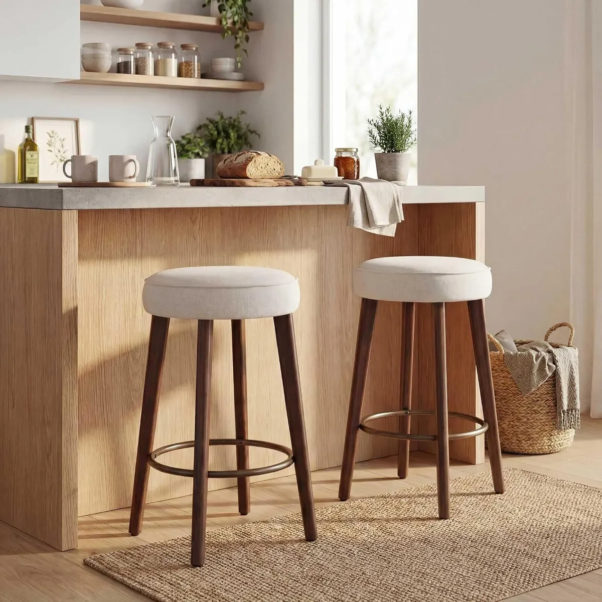 Linen Bar Stools 68CM Counter Height Upholstered - Image 1
