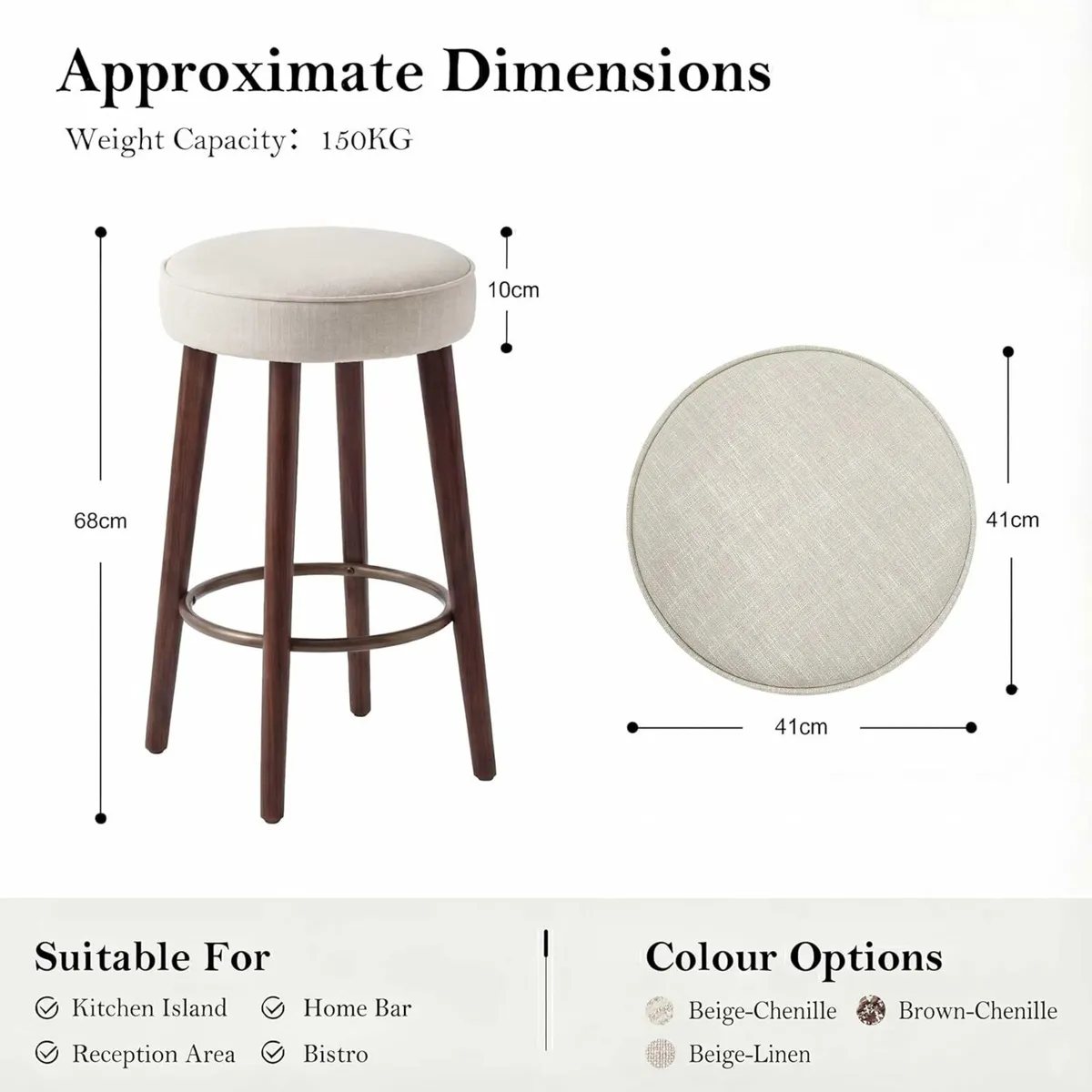 Linen Bar Stools 68CM Counter Height Upholstered - Image 2