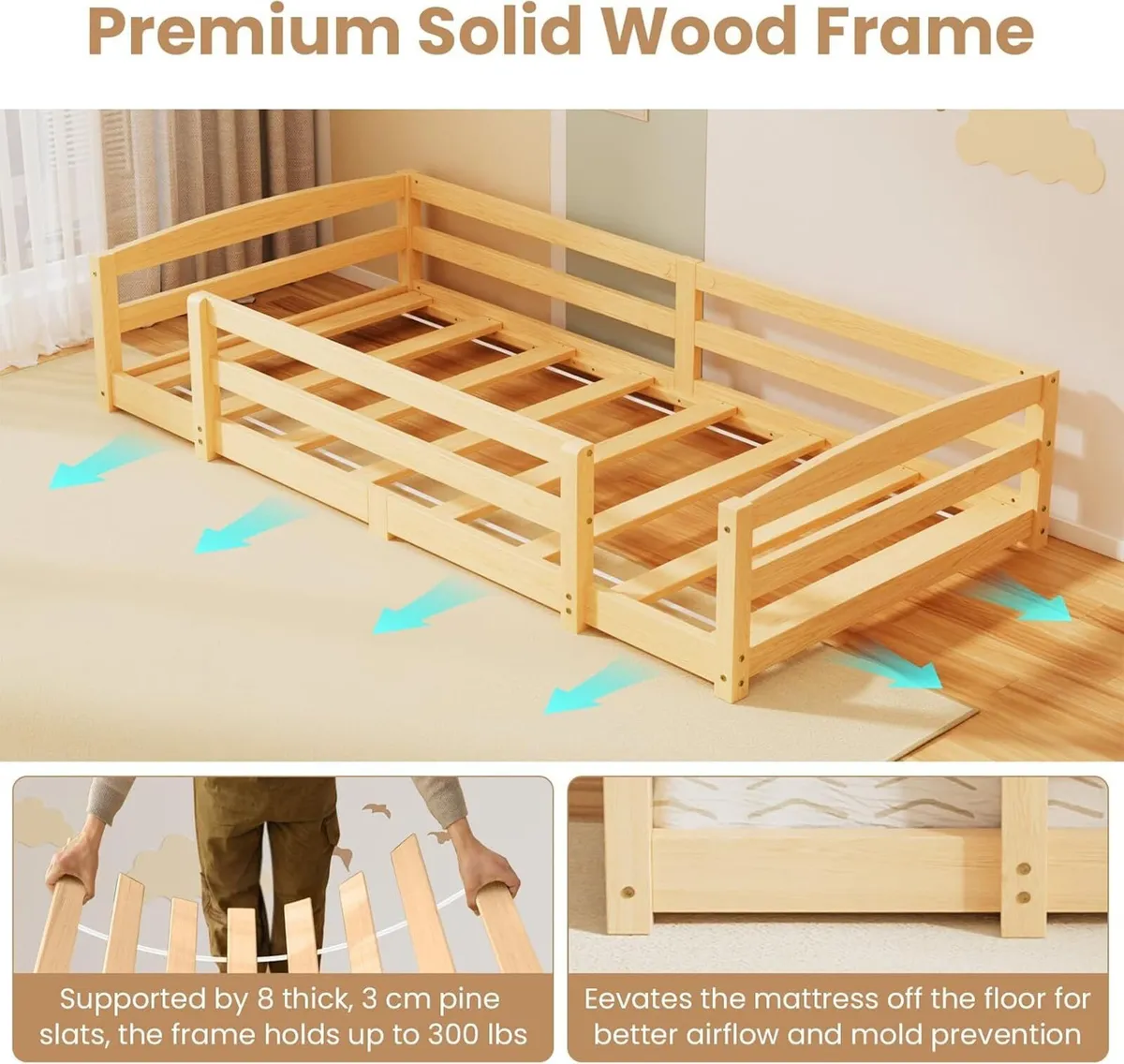 Toddler Floor Bed Montessori Inspired with Rails - Image 4
