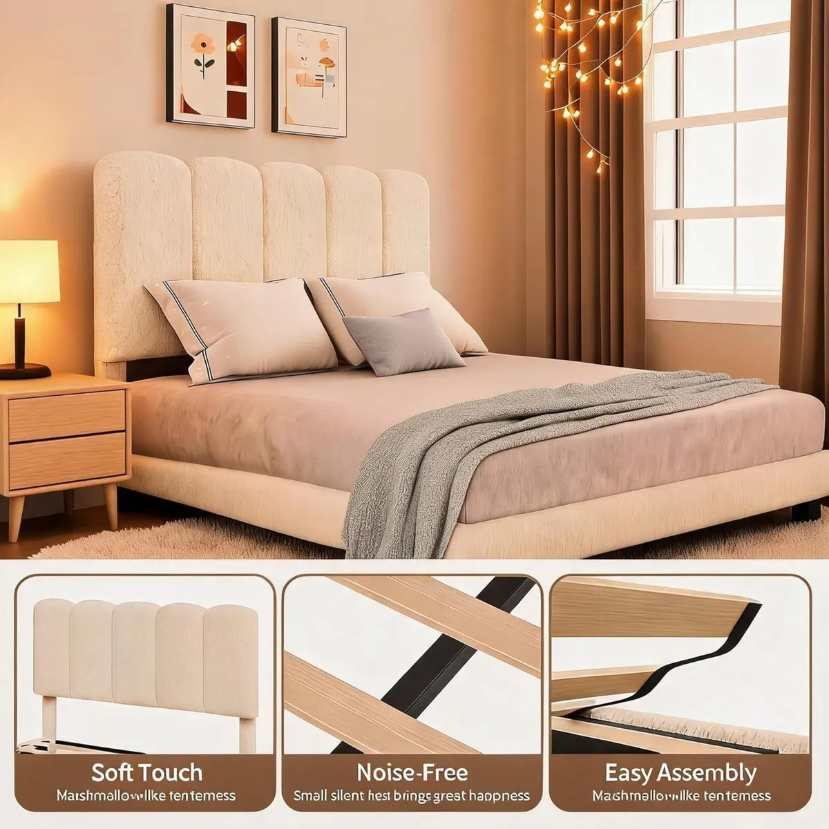 Modern Bouclé Upholstered Bed Frame Adjustable - Image 4