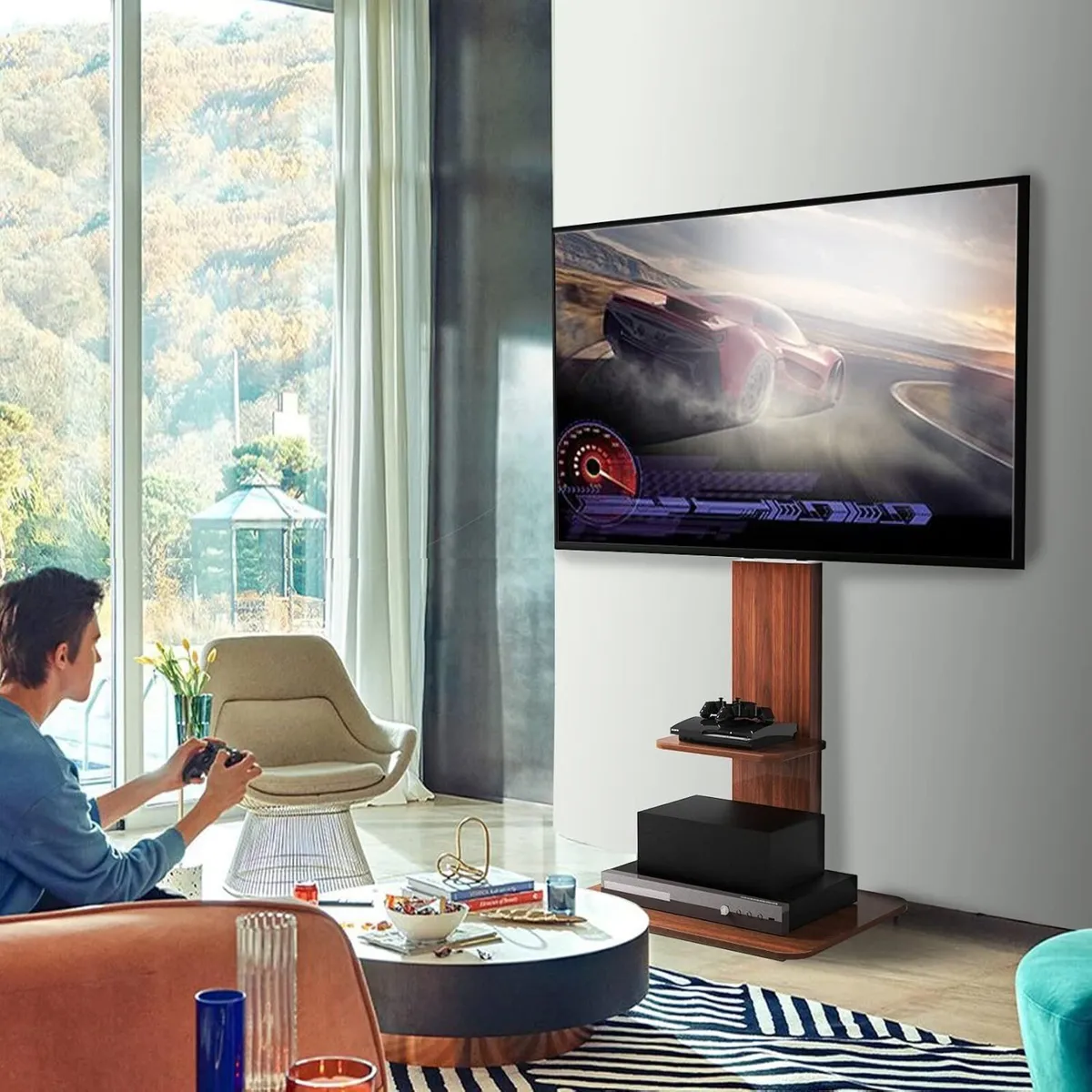 Wooden TV Stand Floor Mount with 2 Shelves - Image 3