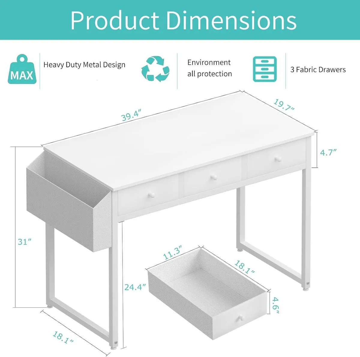 Small Computer Desk 100CM with Fabric Drawers - Image 3
