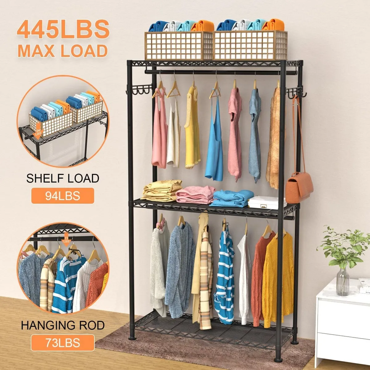 Clothes Rail Rack for Hanging 3 Tiers Adjustable - Image 2