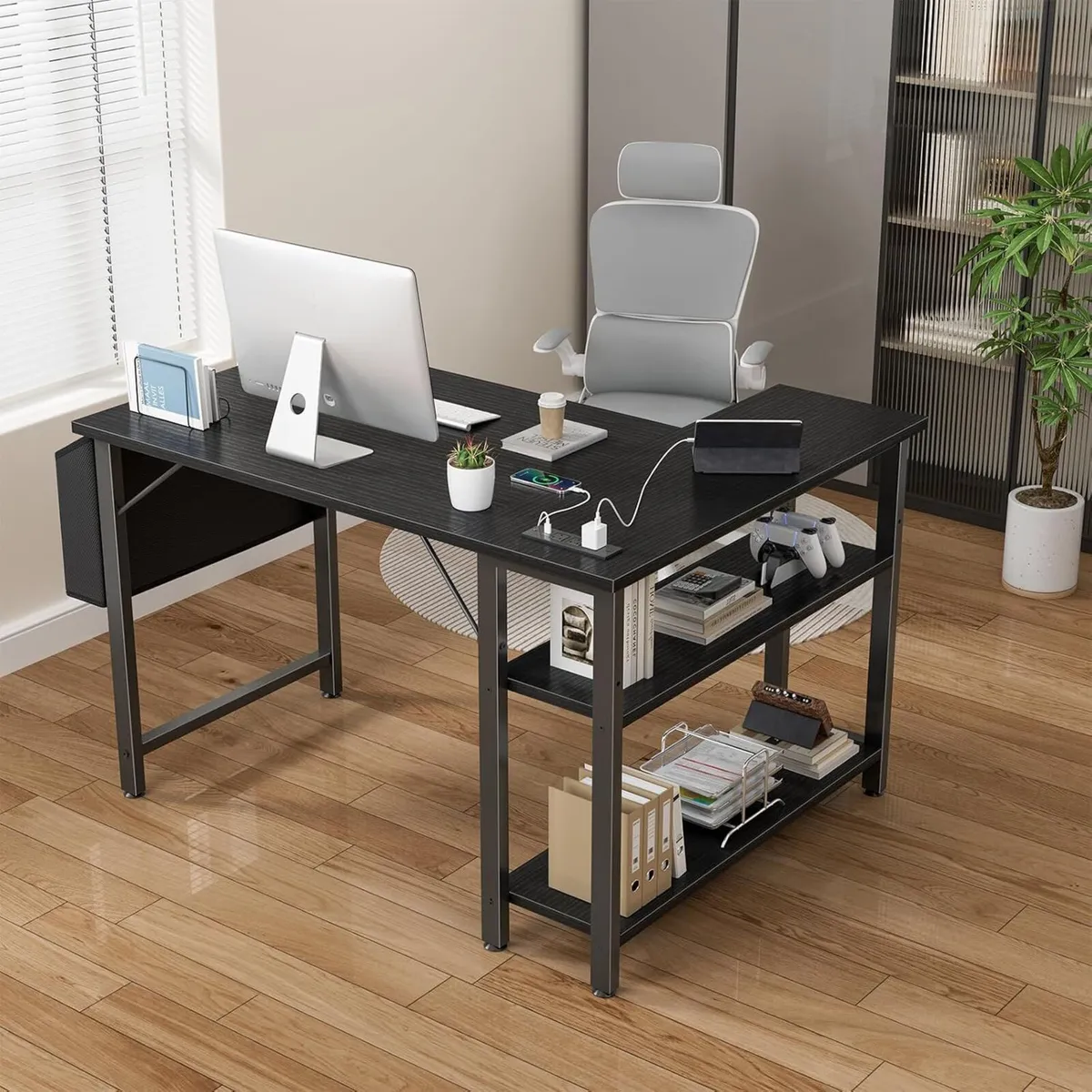 Small L Shaped Desk with Power Outlet Shelves - Image 4