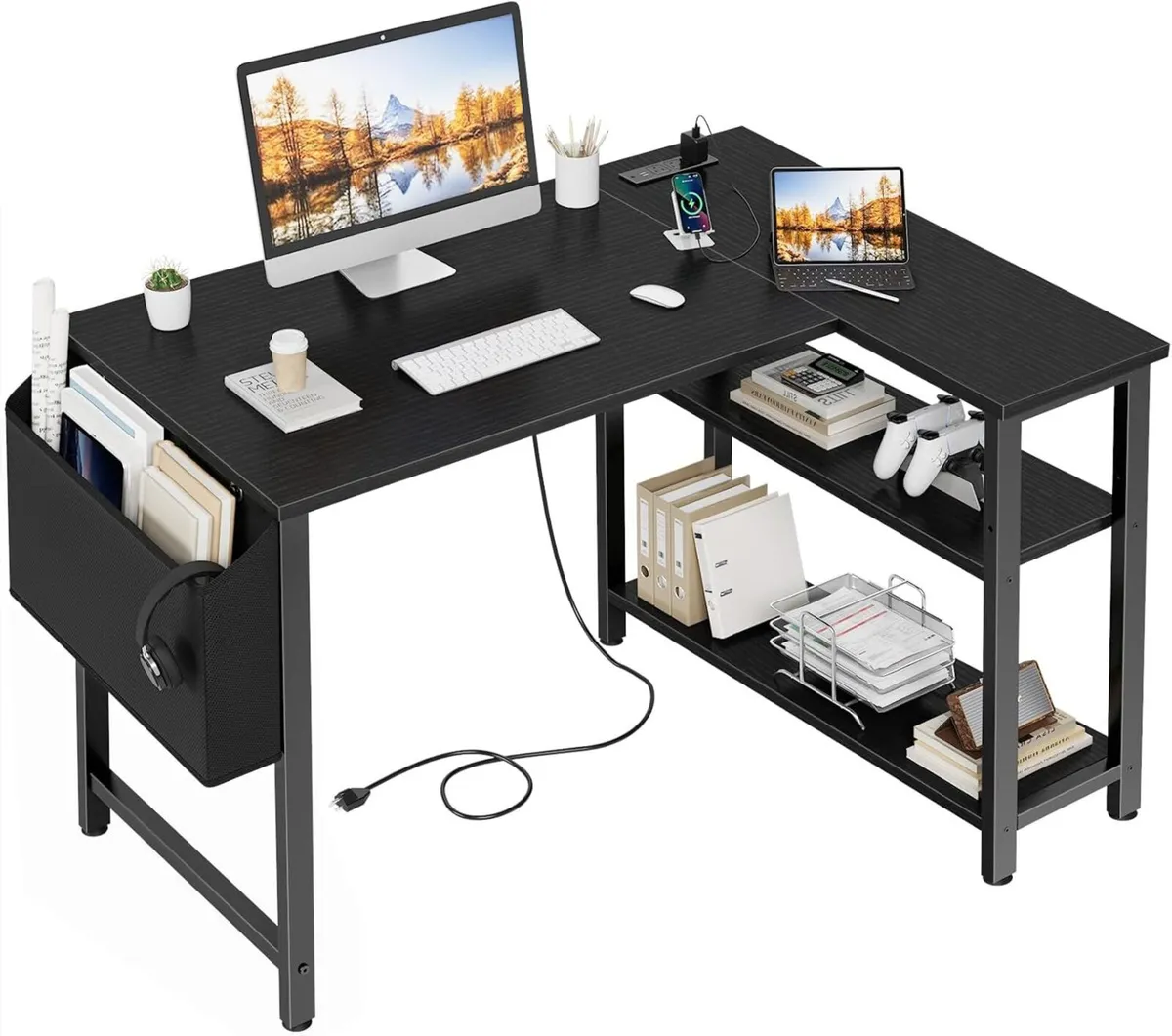 Small L Shaped Desk with Power Outlet Shelves - Image 1