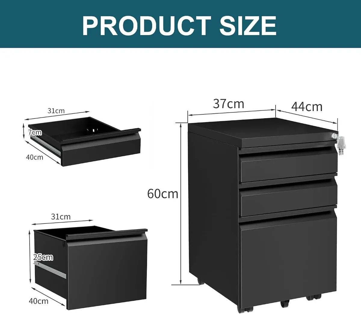 Mobile Filing Cabinet Under Desk 3-Drawer Lockable - Image 3