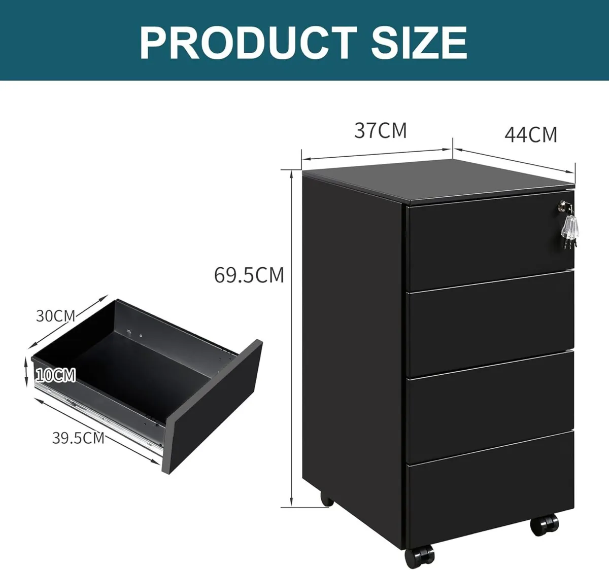 4-Drawer Mobile Filing Cabinet with Lock Steel - Image 3