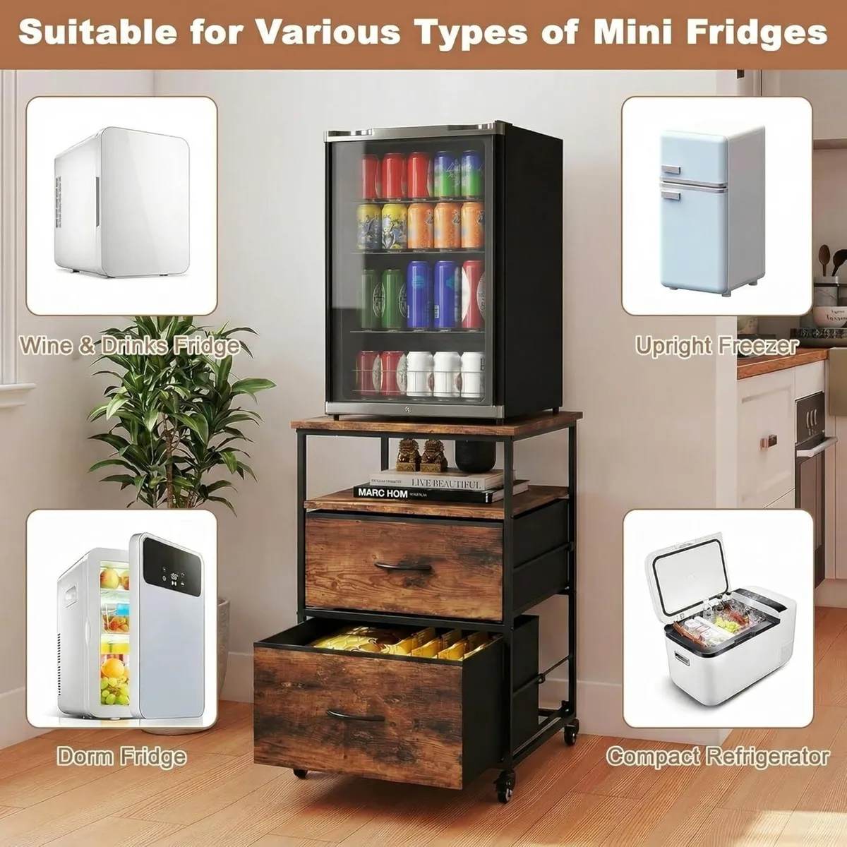 Mini Fridge Stand with Storage Wheels Drinks 167KG - Image 4