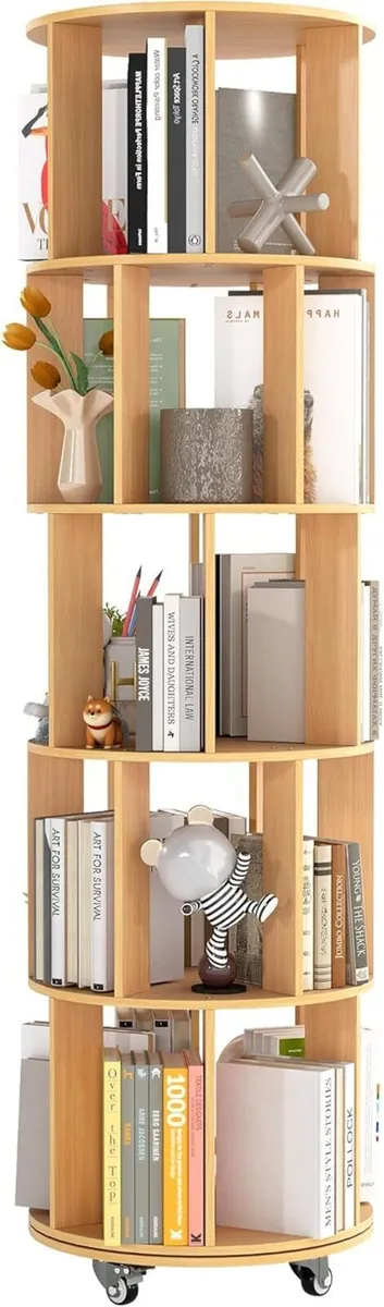 5 Tier Rotating Bookcase Original Wood Colour - Image 1