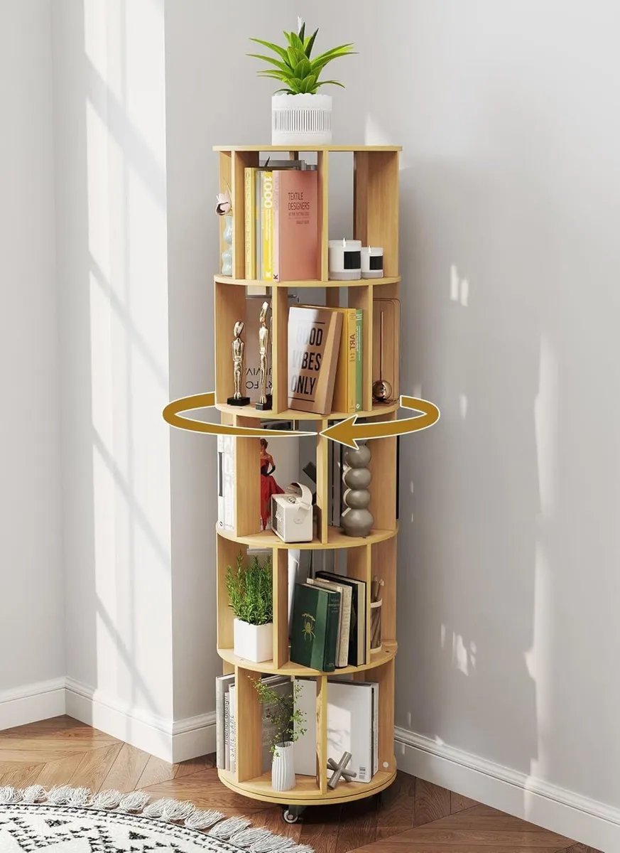 5 Tier Rotating Bookcase Original Wood Colour - Image 2