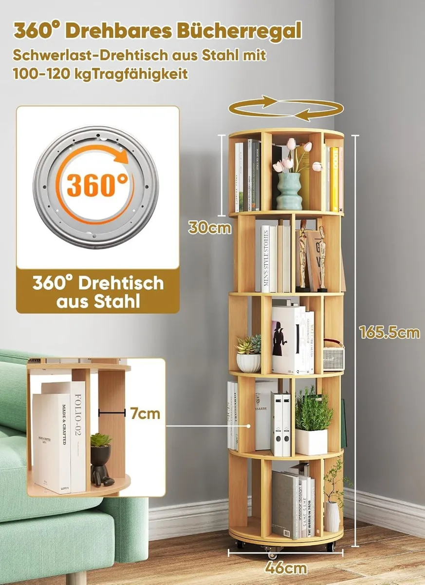 5 Tier Rotating Bookcase Original Wood Colour - Image 3