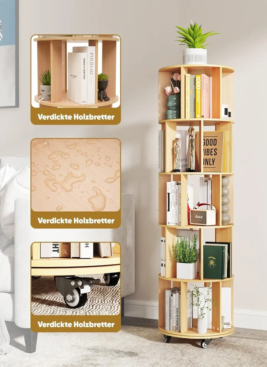5 Tier Rotating Bookcase Original Wood Colour - Image 4