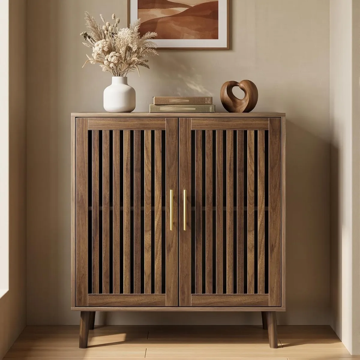 Sideboard Cabinet Farmhouse Buffet with Slatted - Image 1