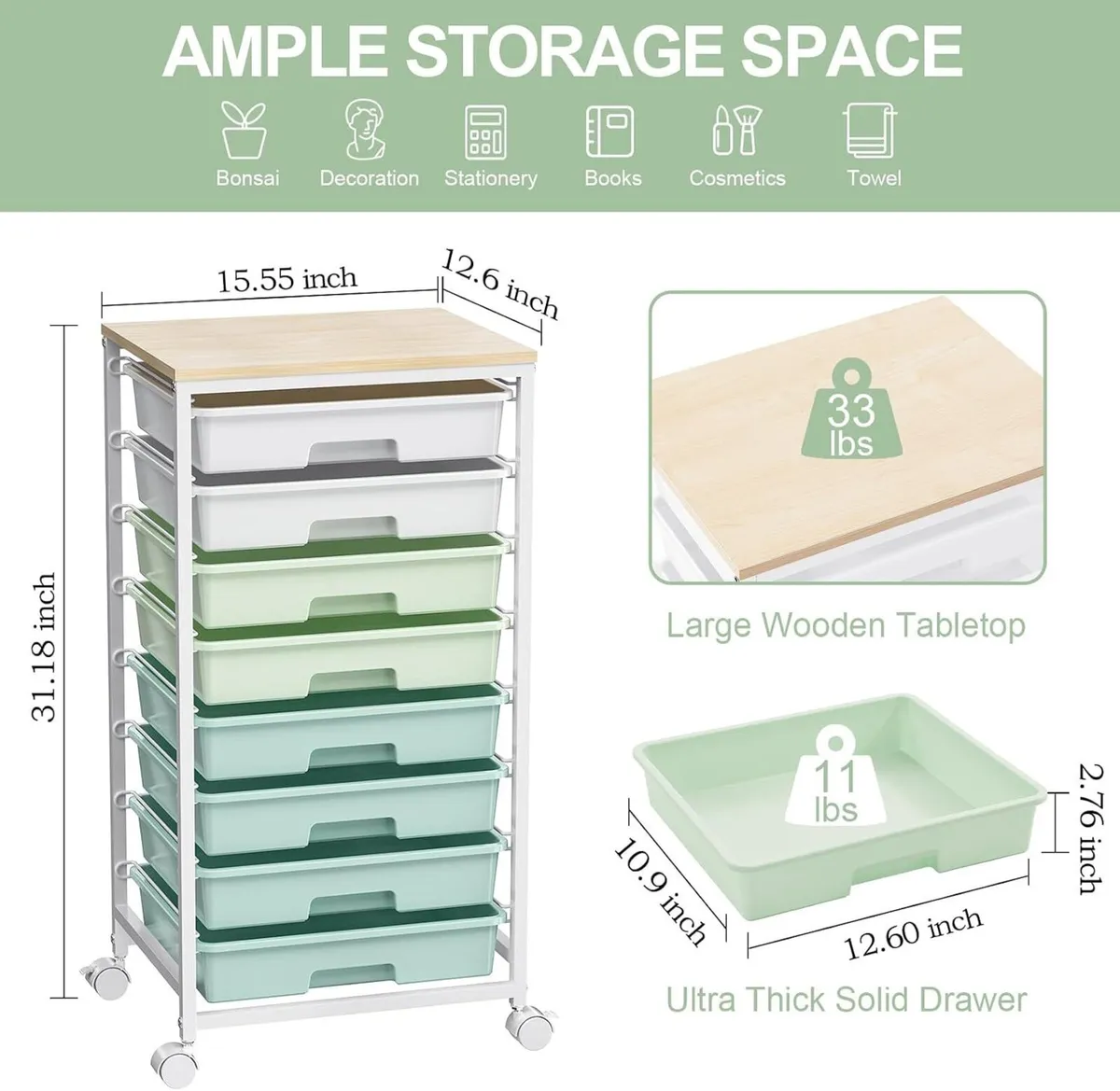 8-Drawer Storage Trolley Rolling Cart - Image 2