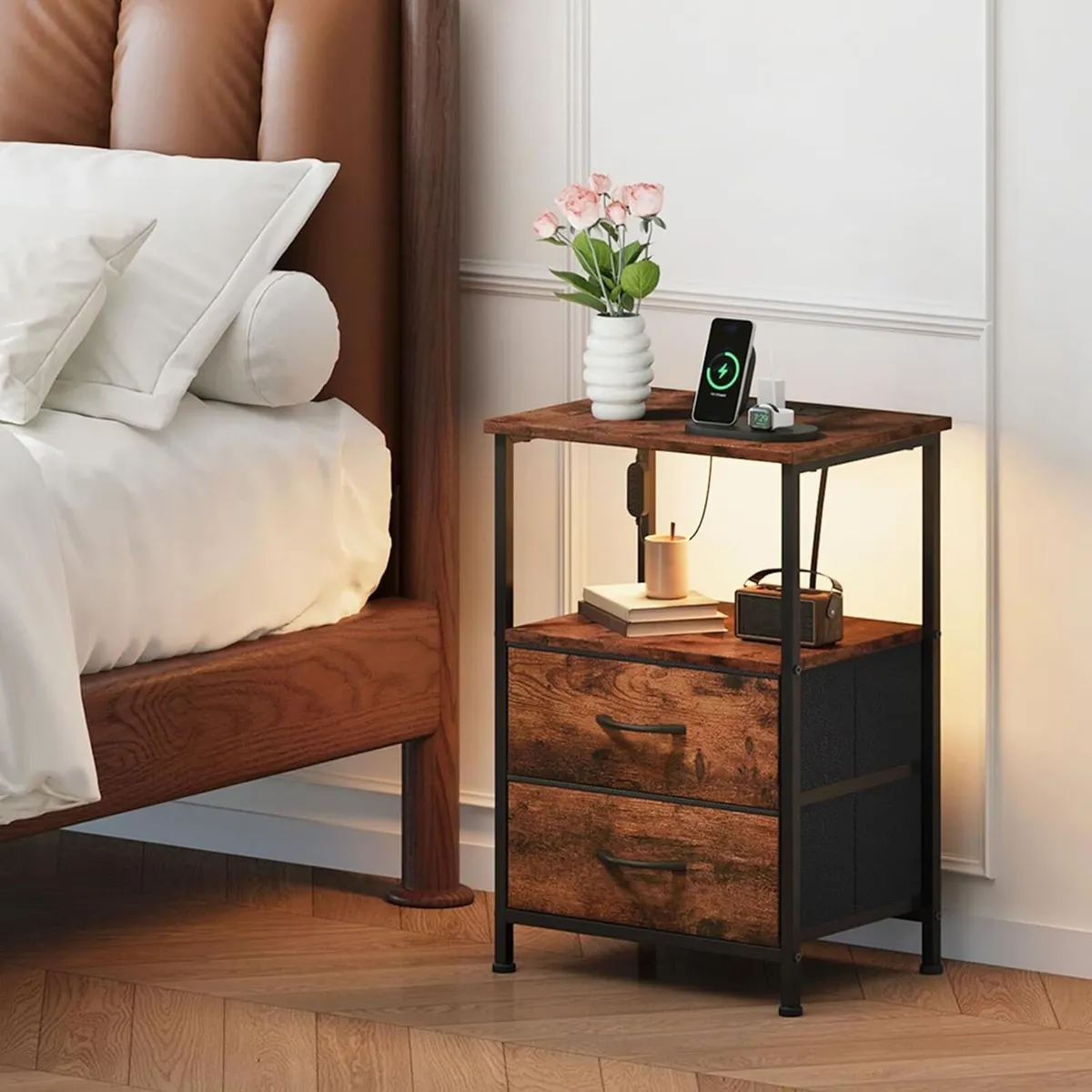 Bedside Table Charging Station LED 2 Drawers (Set - Image 2
