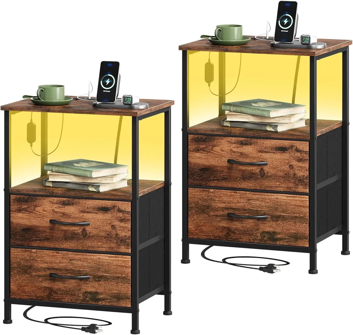 Bedside Table Charging Station LED 2 Drawers (Set - Image 1