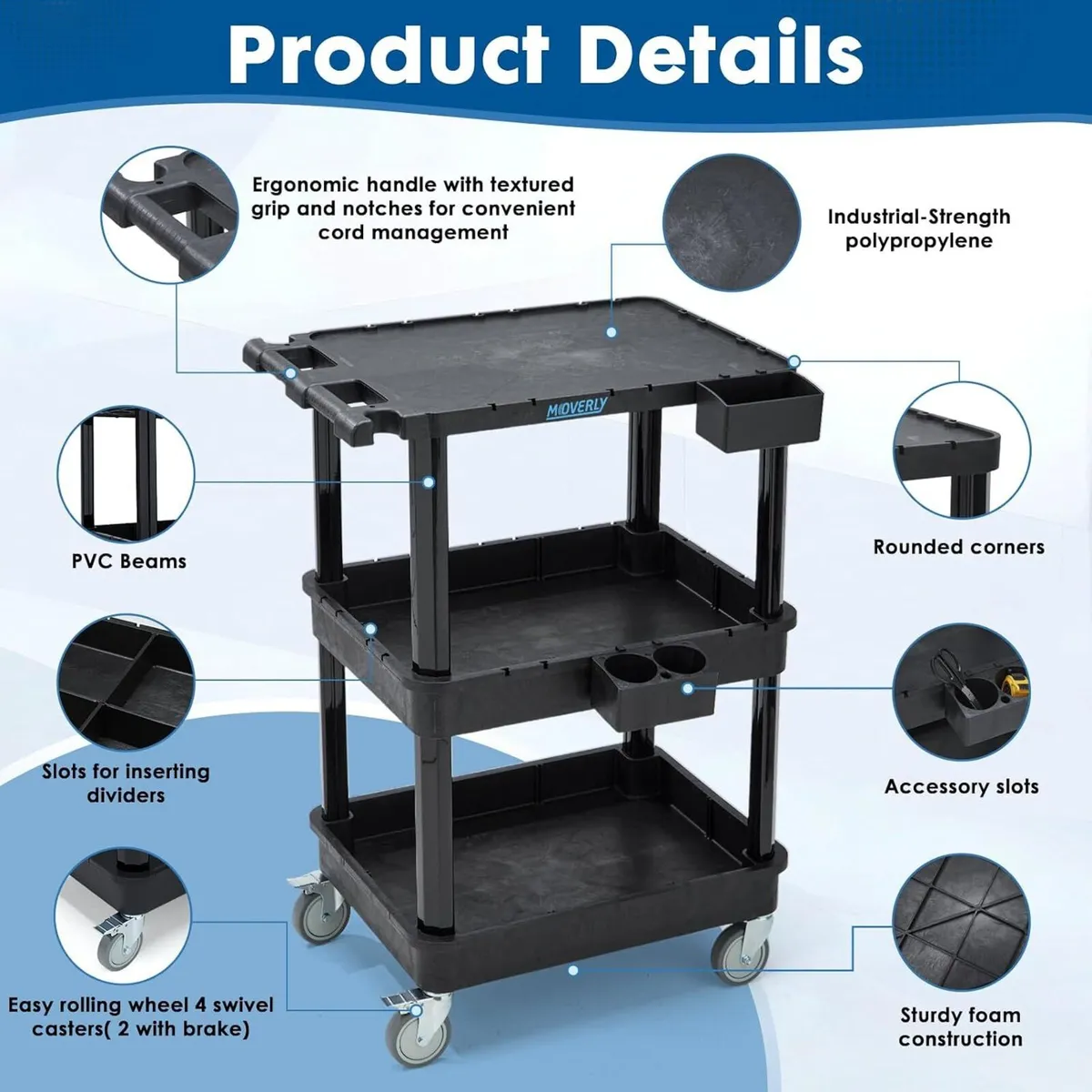 3-Tier Utility Cart with Flat Top and Deep - Image 3