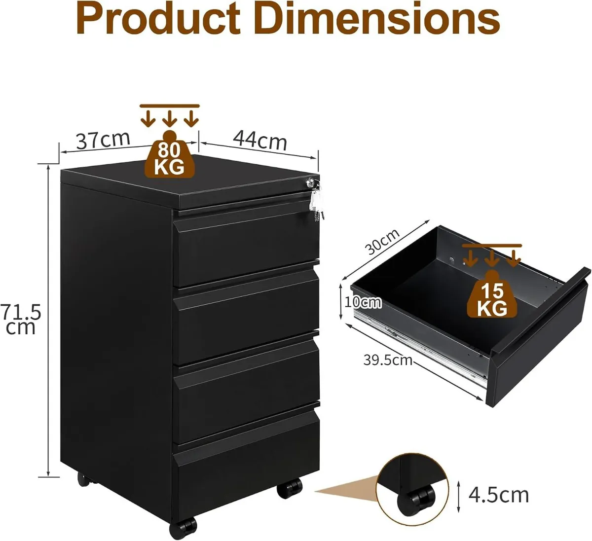 4 Drawers File Cabinet Metal Filing with Lock - Image 3