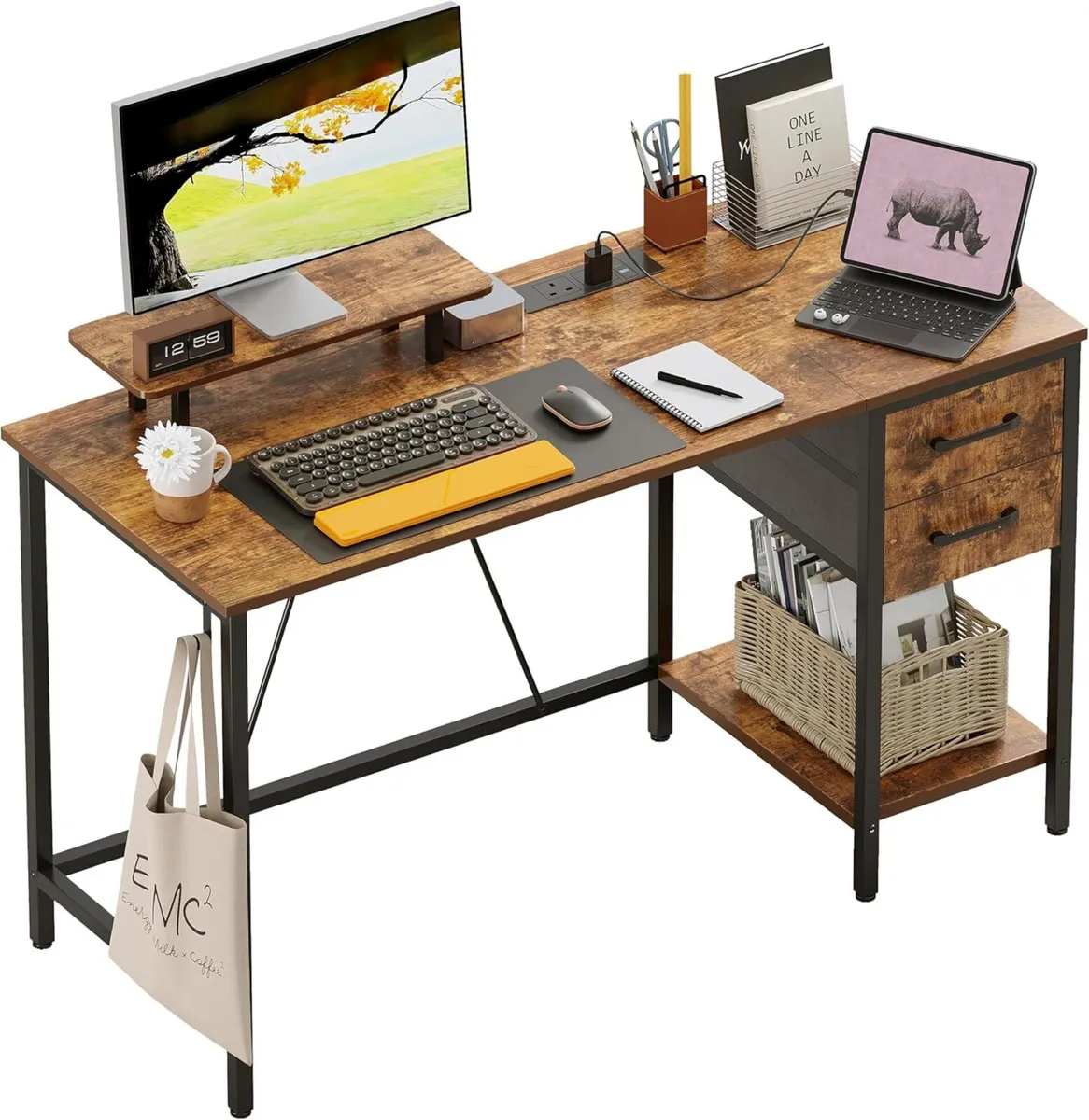 Computer Desk with Drawers Power Outlets Office - Image 1