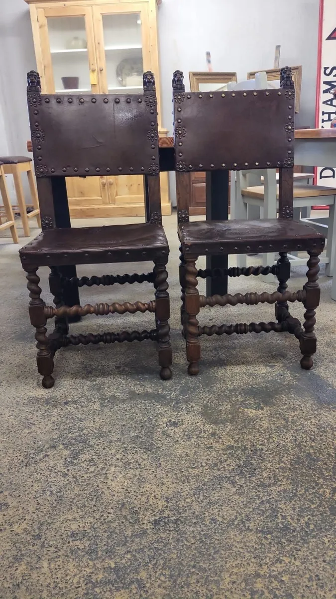 Pair early 1900s embossed leather chairs - Image 2