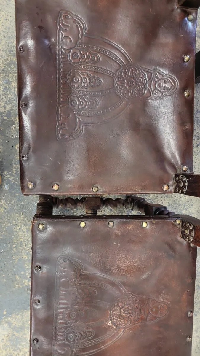 Pair early 1900s embossed leather chairs - Image 4
