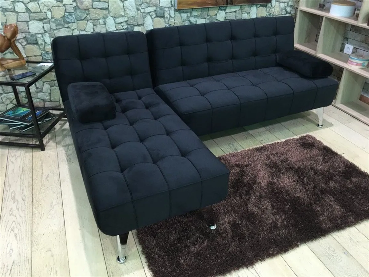 Black Corner Sofa Bed with Chaise Longue, Aroa xs - Image 1