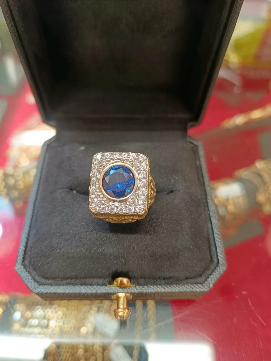 Blue Stone & CZ Signet Ring , 9k Yellow Gold - Image 2