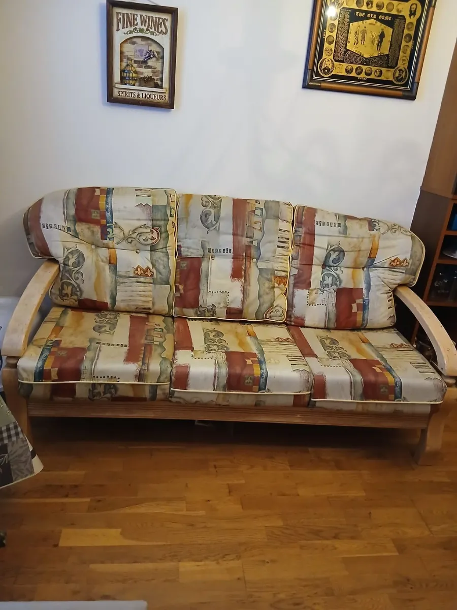 Solid Oak 3-Seater Sofa + 2 Matching Armchairs - Image 1