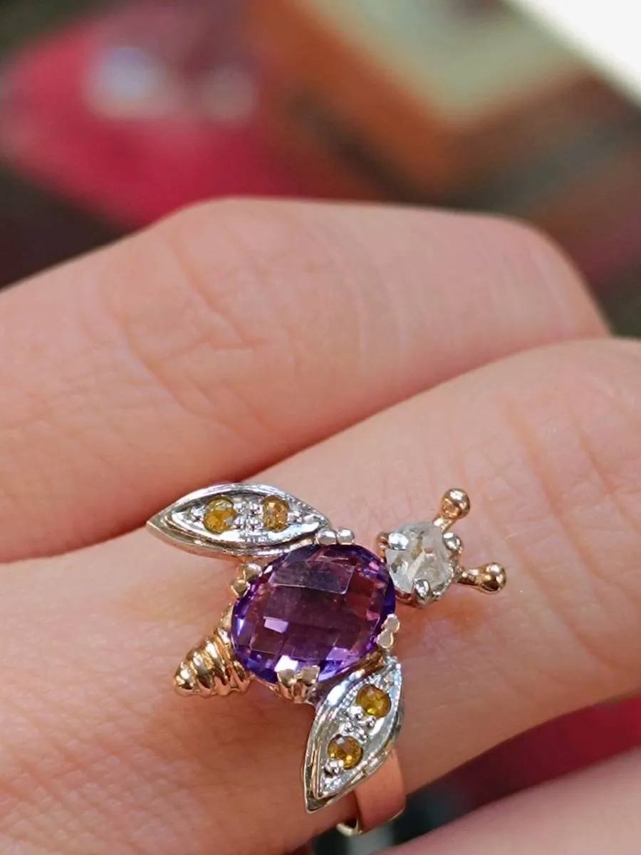 9k rose gold ring with amethyst and diamonds. - Image 4