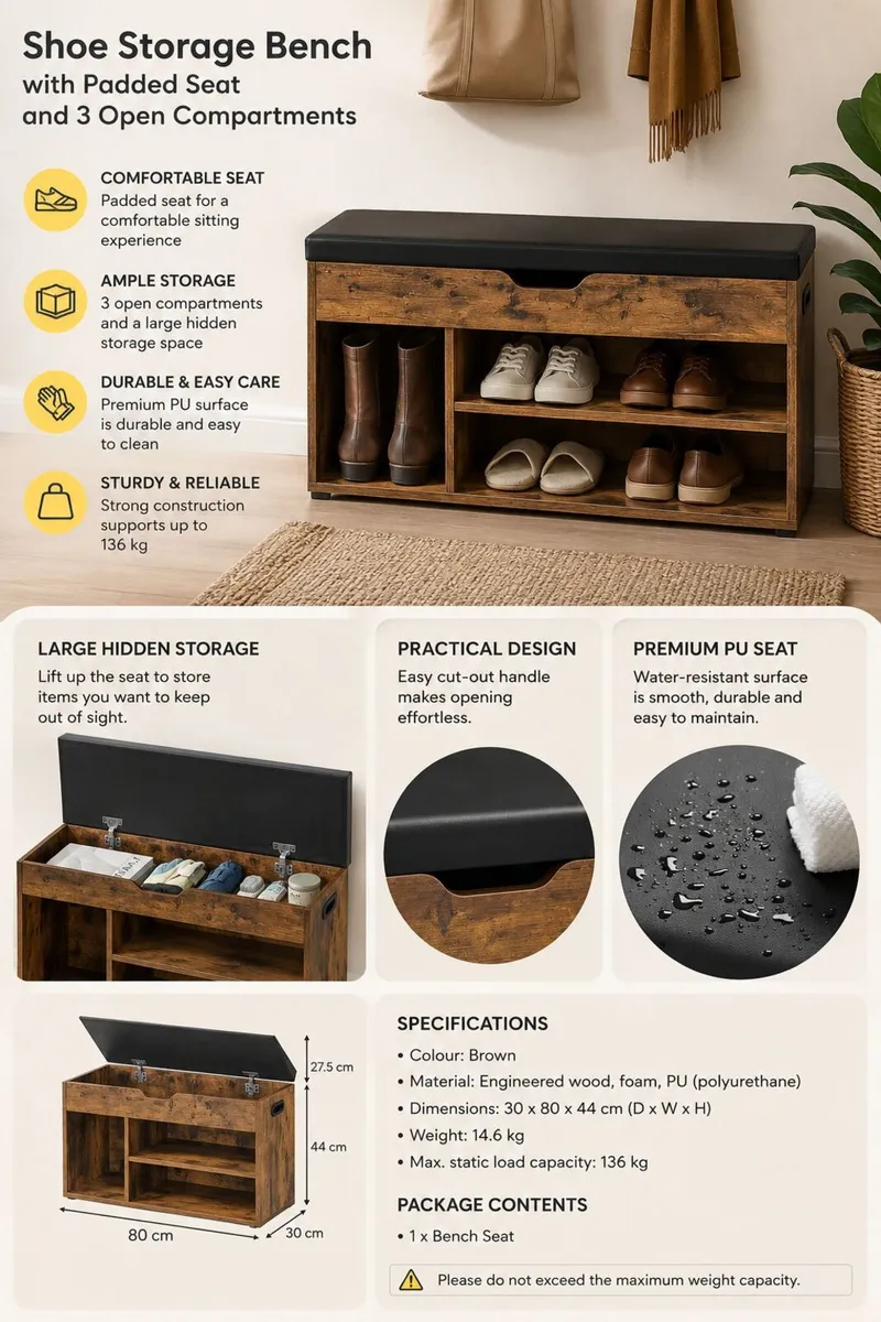 Shoe Storage Bench with Padded Seat and 3 Open Com - Image 2