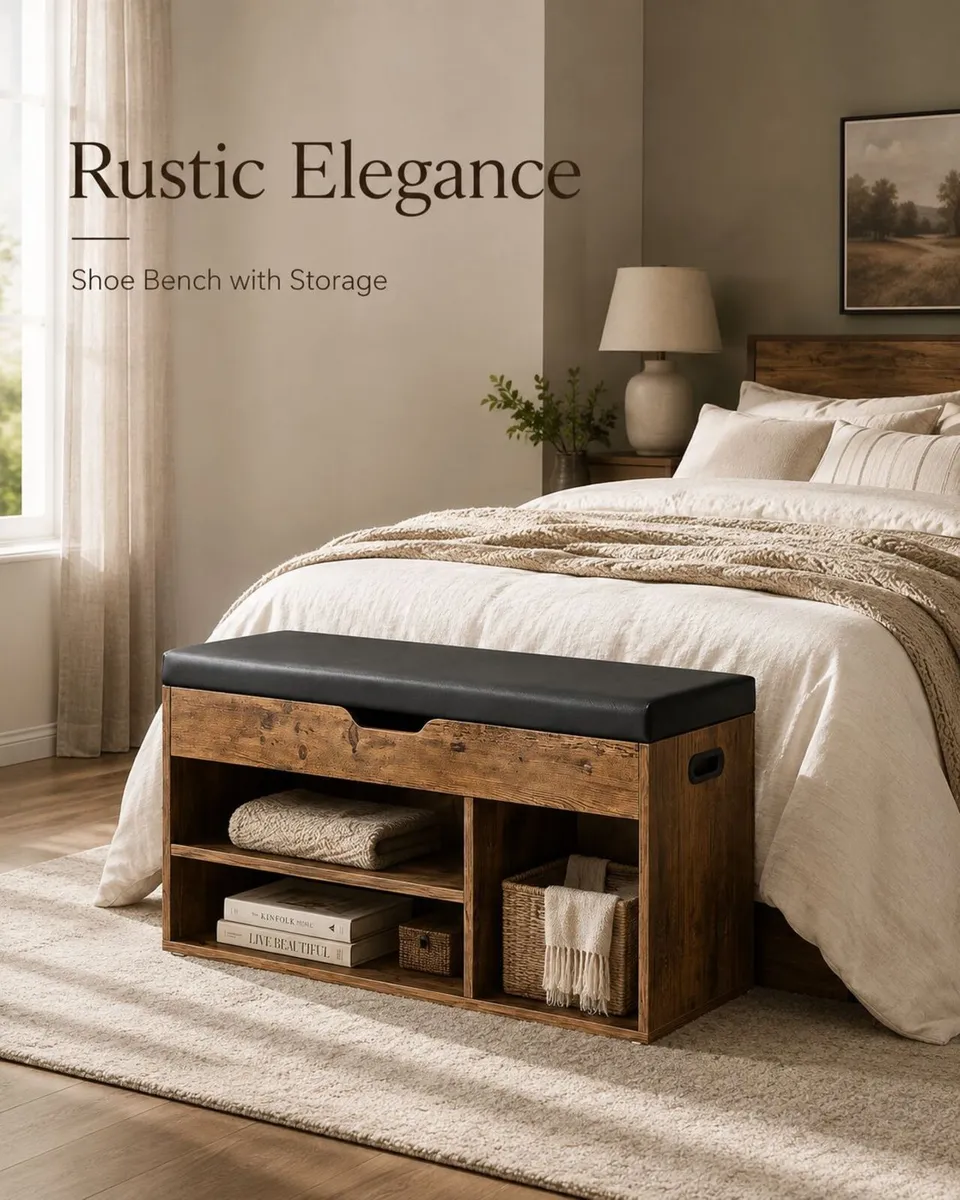 Shoe Storage Bench with Padded Seat and 3 Open Com - Image 1