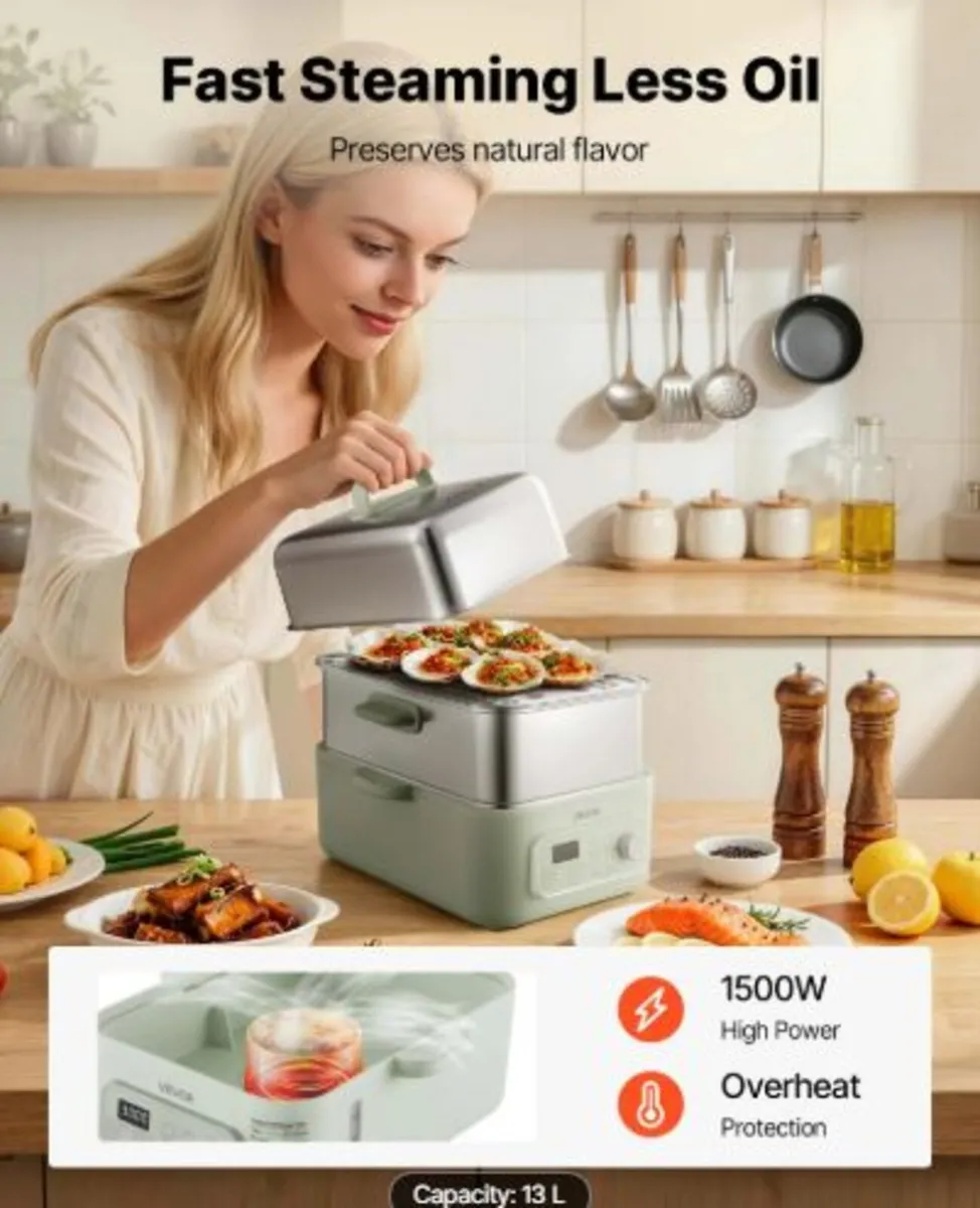Electric Food Steamer 13L 2-Tier Stainless Steel - Image 3