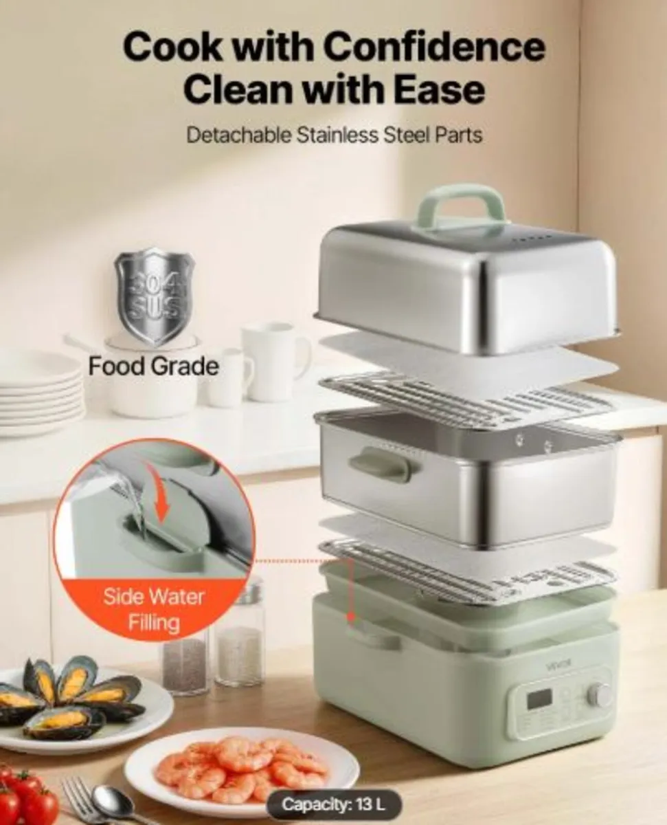 Electric Food Steamer 13L 2-Tier Stainless Steel - Image 2