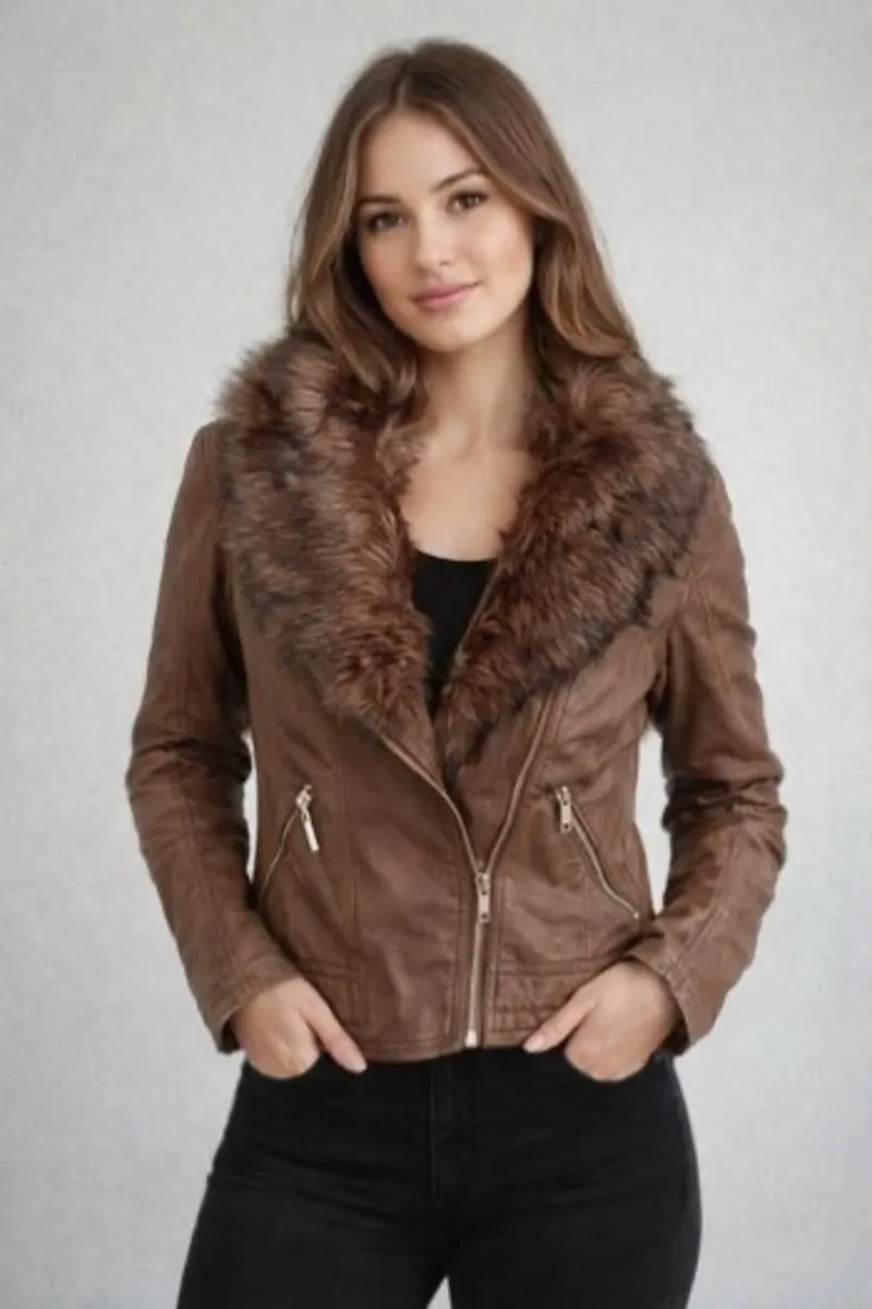 AS NEW Brown Leather Jacket (pleather): Size 8 - Image 1
