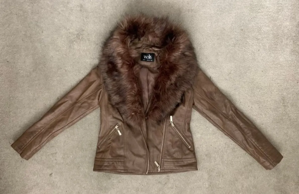 AS NEW Brown Leather Jacket (pleather): Size 8 - Image 2