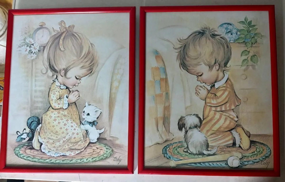 Two Vintage Coby Boy Girl Praying Pictures - Image 1