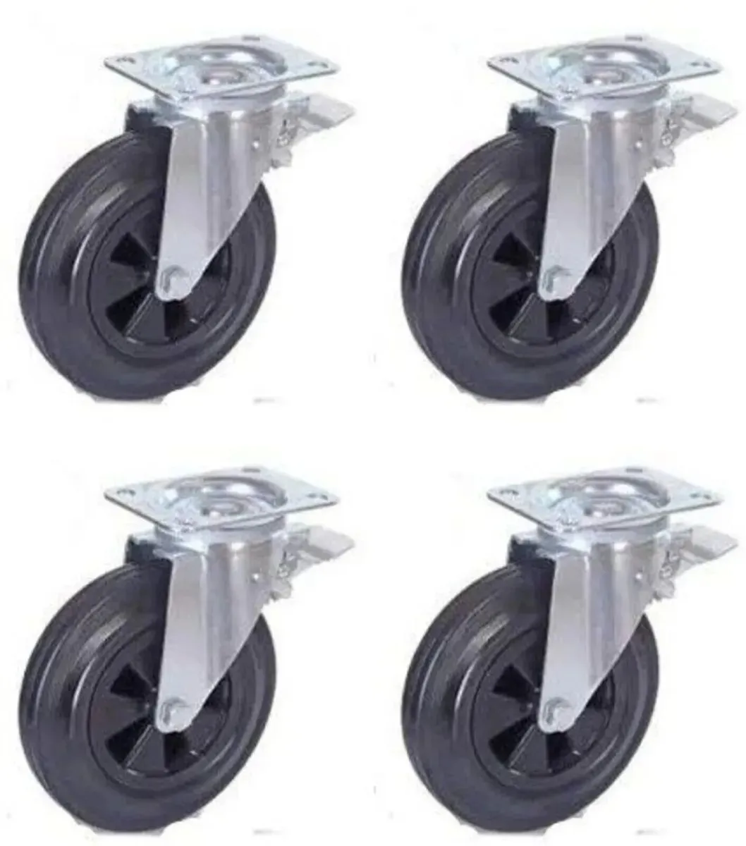 Castor Wheels 200mm Rubber Swivel Brake 800KG - Image 1