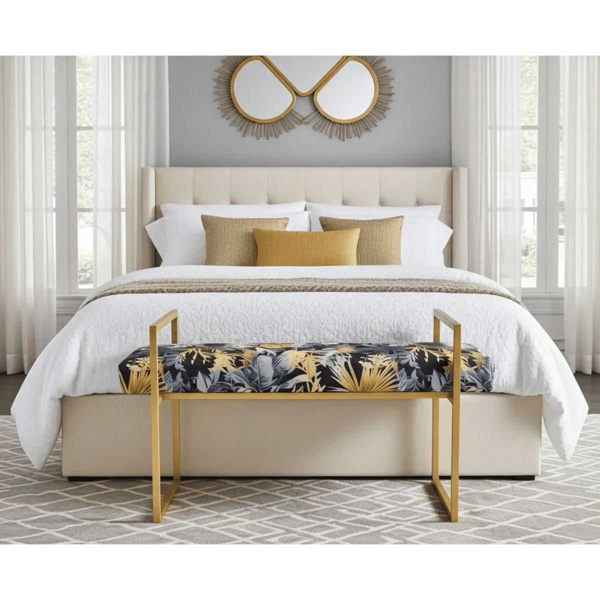 Tropical Velvet Bench Gold Metal Frame - Image 3
