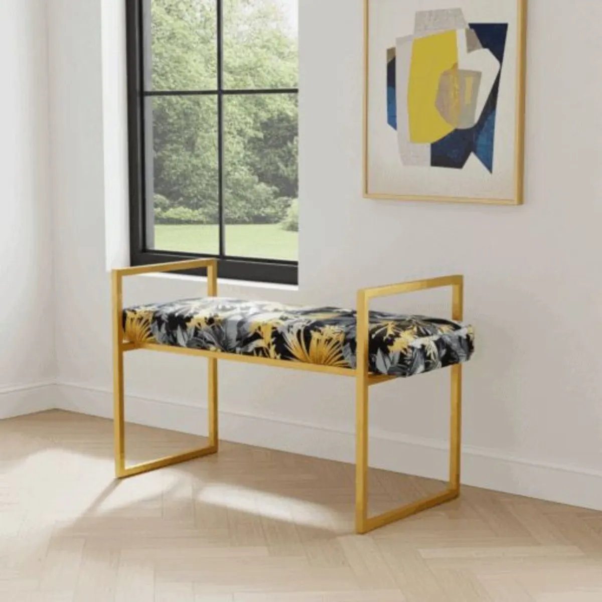 Tropical Velvet Bench Gold Metal Frame - Image 1