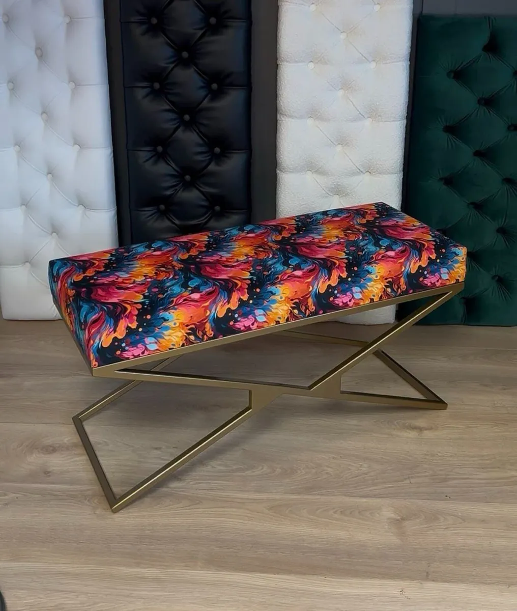 Metal-Framed X-Style Bench Floral Velvet with Gold - Image 2